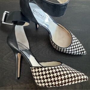 Michael Kors Black & White Houndstooth Pointed Toe Ankle Strap Heels